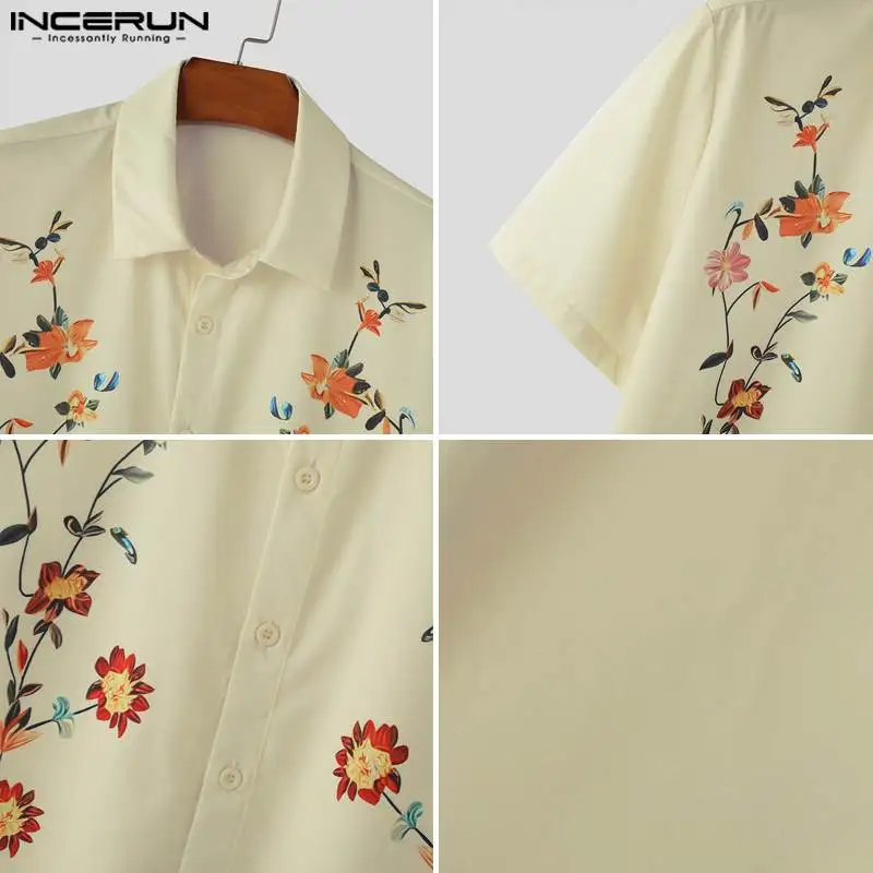 Stylish Well Fitting Tops INCERUN Men\'s Personality Printed Floral Shirt Summer Streetwear Short Sleeved Lapel Blouse S-5XL 2024