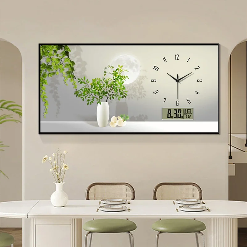 Simple Green Plant Perpetual Calendar Electronic Wall Clock Living Room Dining Room Decorative Painting Wall Clock