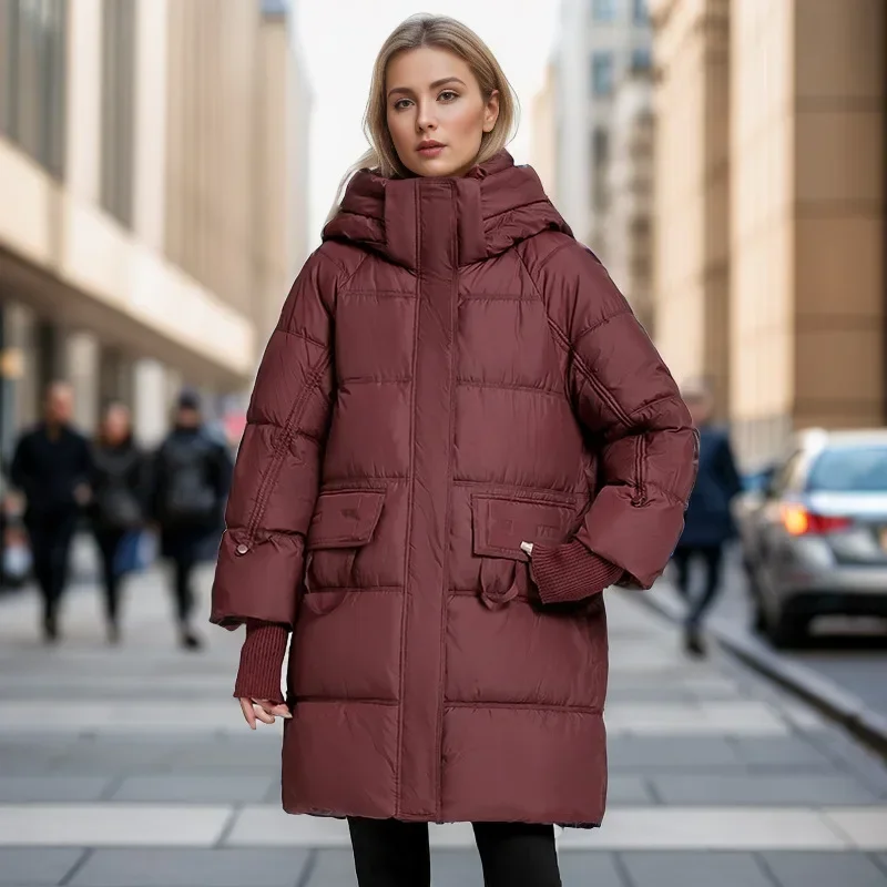 Chaqueta larga de plumón de algodón para mujer, parka con capucha y cuello levantado, abrigos con bolsillos hasta la rodilla, gruesa y cálida,