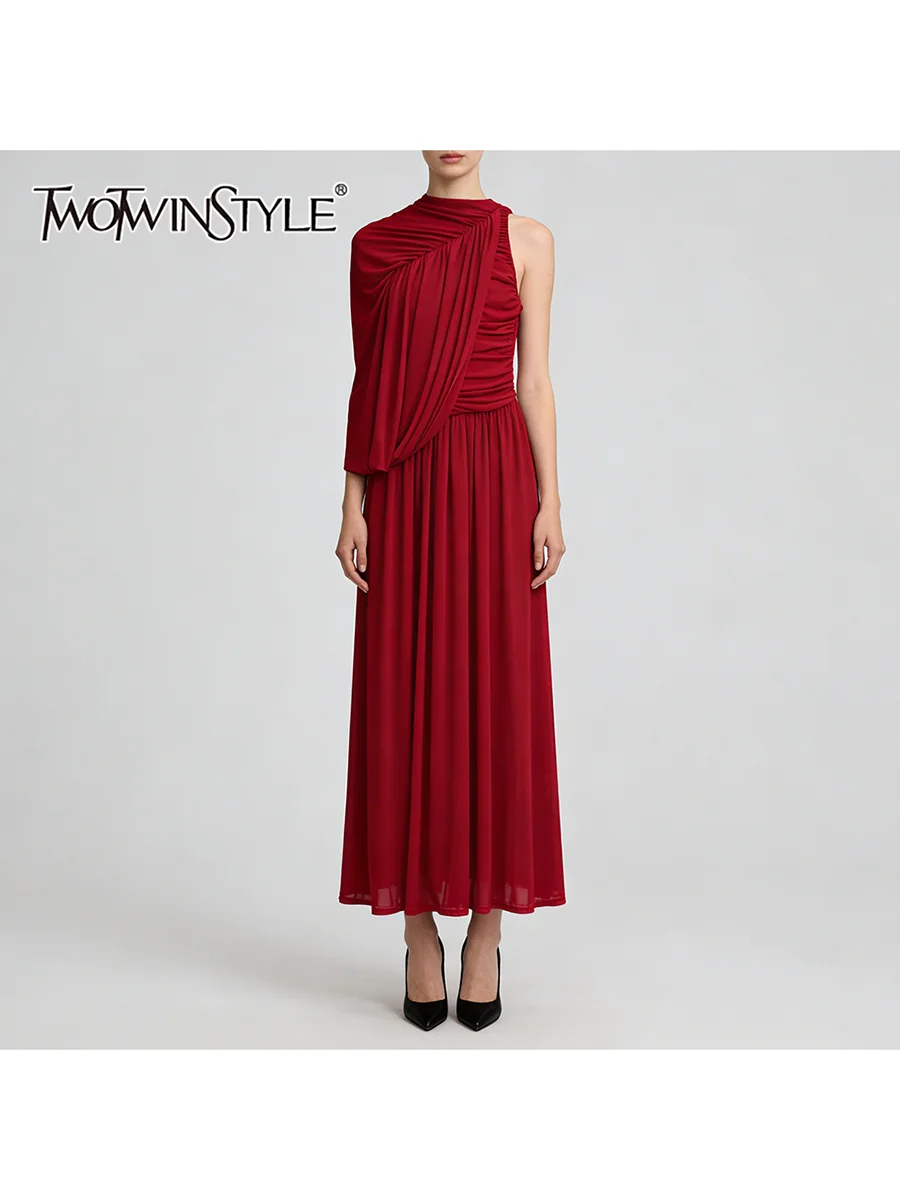 

Платье TWOTWINSTYLE с пэчворком и складками для женщин, с круглым вырезом, на одно плечо, с завышенной талией, однотонное, А-силуэт, модная женская одежда 2026