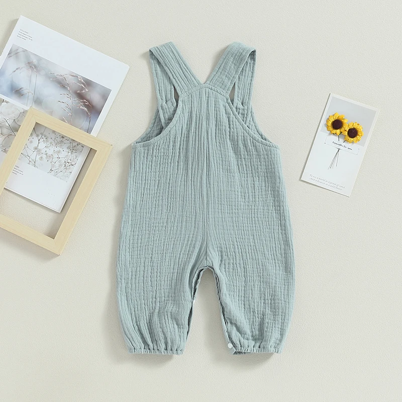 Casual Baby Girls Boys Rompers Solid Color Sleeveless Straps Jumpsuits Summer Infant Clothes Pocket Bodysuits Overalls