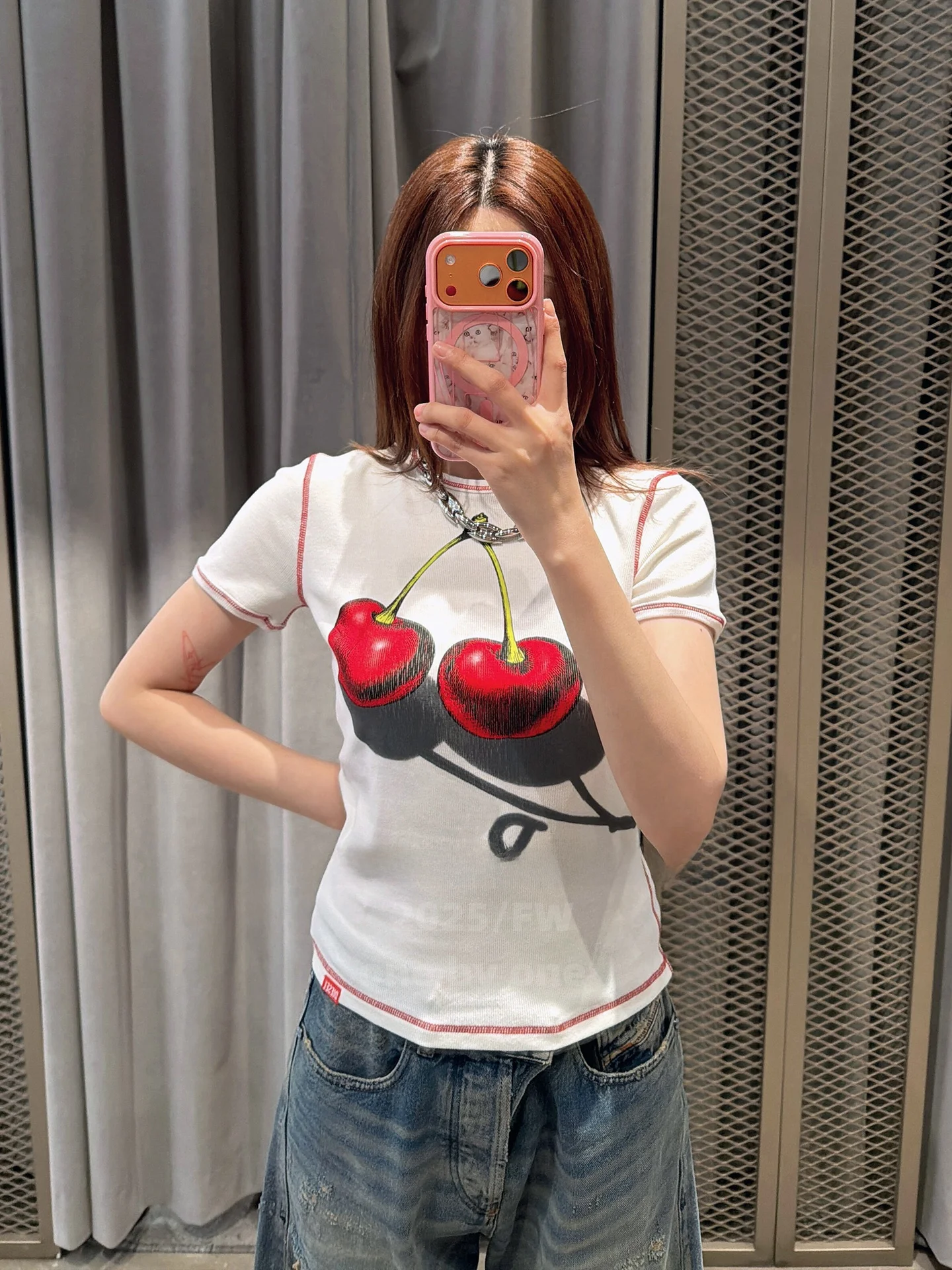 

Slim Fit Short Sleeve T-Shirt Women's Cherry Print D Letter Top Breathable Cotton Spring Summer New Style Chinese Production