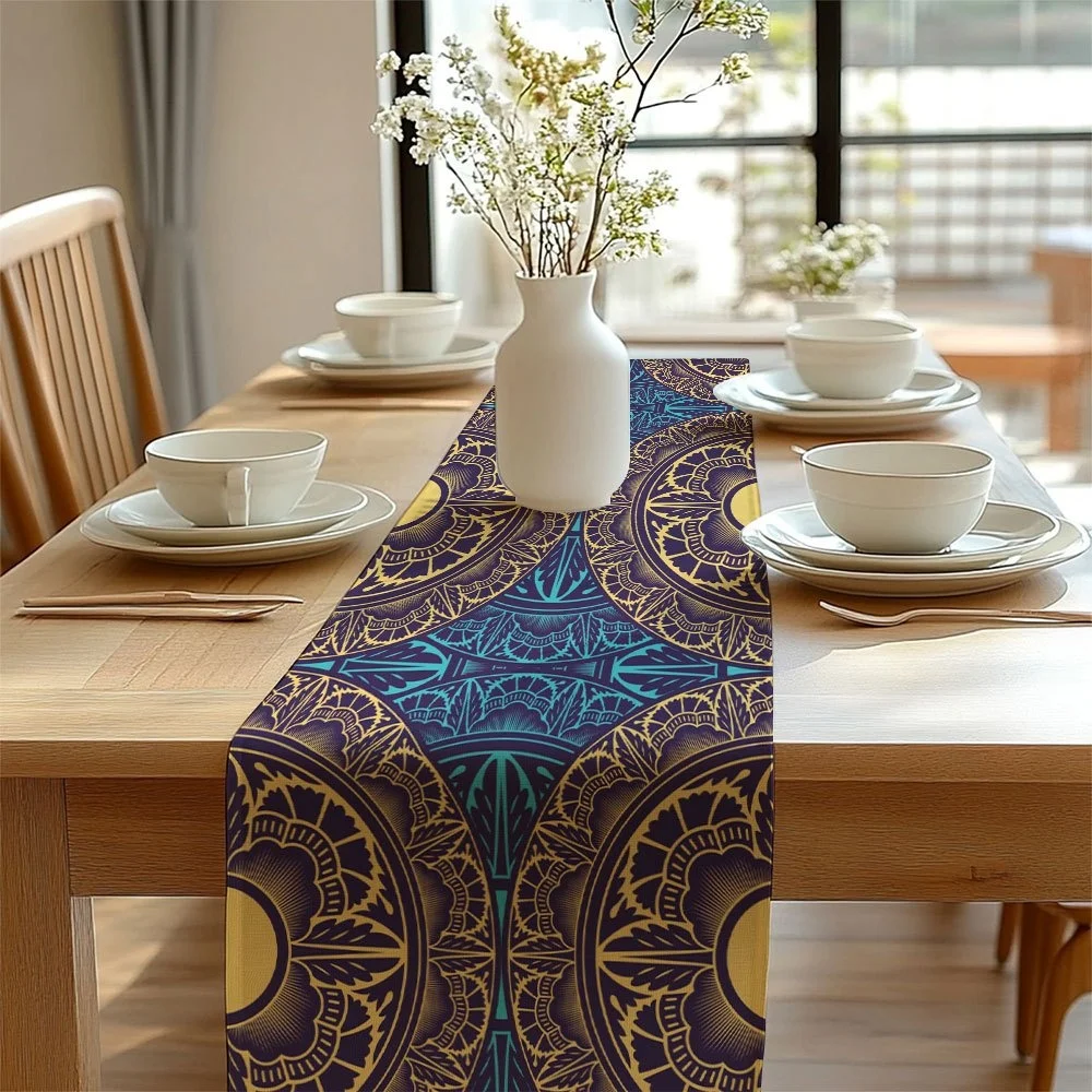 1 Stück Tischläufer mit Türkisblau und goldenem Mandala-Aufdruck – Esstischdekoration, Tischläufer mit Baum des Lebens