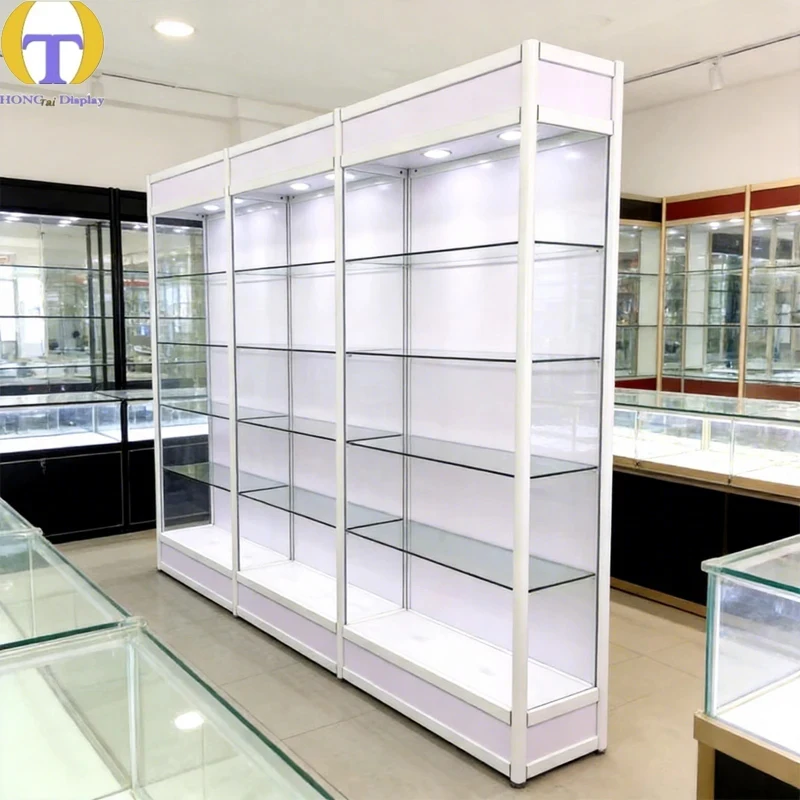 custom.Custom Heavy Duty White Aluminum Frame Glass Cabinet with Tempered Glass Retail Store Shop Fitting and Commercial