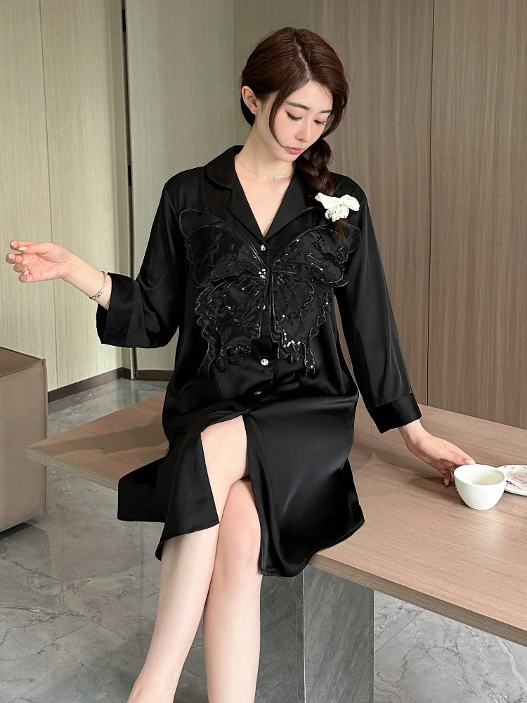 

2024 Summer Autumn Internet Famous New Ice Silk Can Be Worn On Women's Pajamas Thin Loose High-End Home Clothing Set