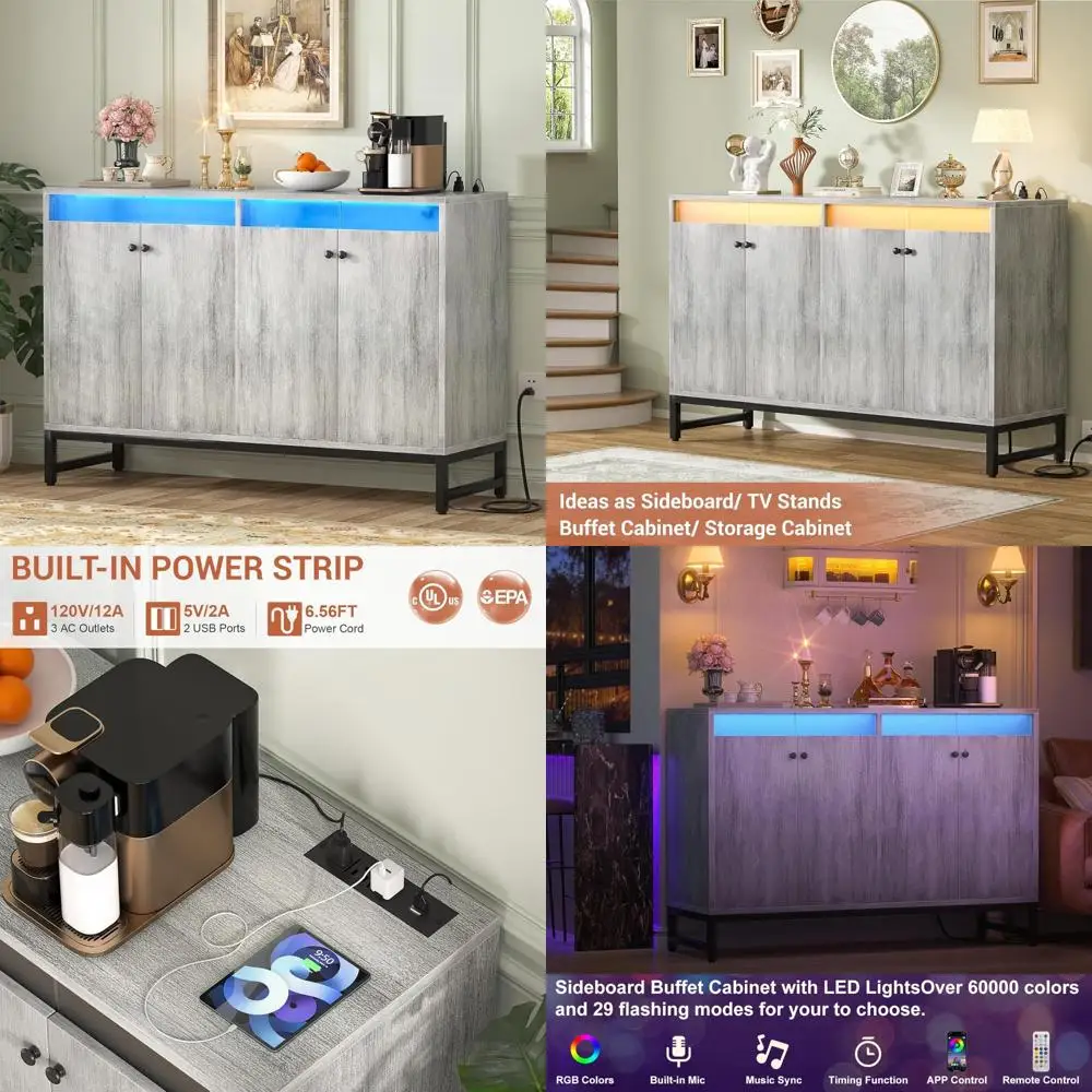 خزانة بوفيه جانبية من Aheaplus مع ضوء LED ومخرج طاقة، وخزانة تخزين المطبخ مع أبواب، وأثاث خزانة مميزة