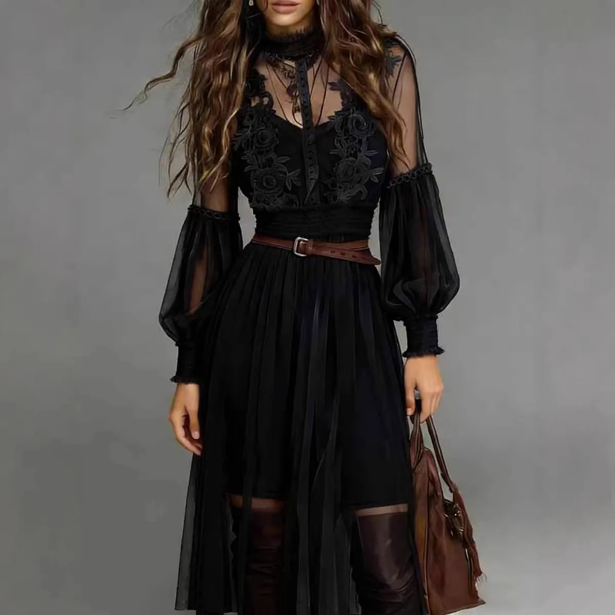 

Women's Boho Lace Tulle Midi Dress High Neck Sheer Puff Sleeve Floral Embroidery Belted High Low Hem Casual Festival Dresses