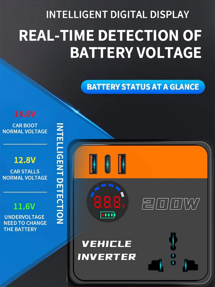 

Black Car Power Inverter with LED Display, 200W Peak, DC12V, 24V to DC110V, 220V, Fast Charging, Vehicle Adapter, 150W