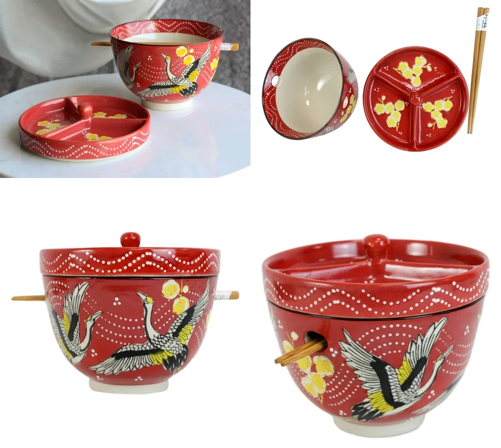 

Red Flying Crane Ramen Bowl with Temple Style Divider Sauce Container Lid Chopsticks Set for Noodles Lover Kitchen Dining Tools