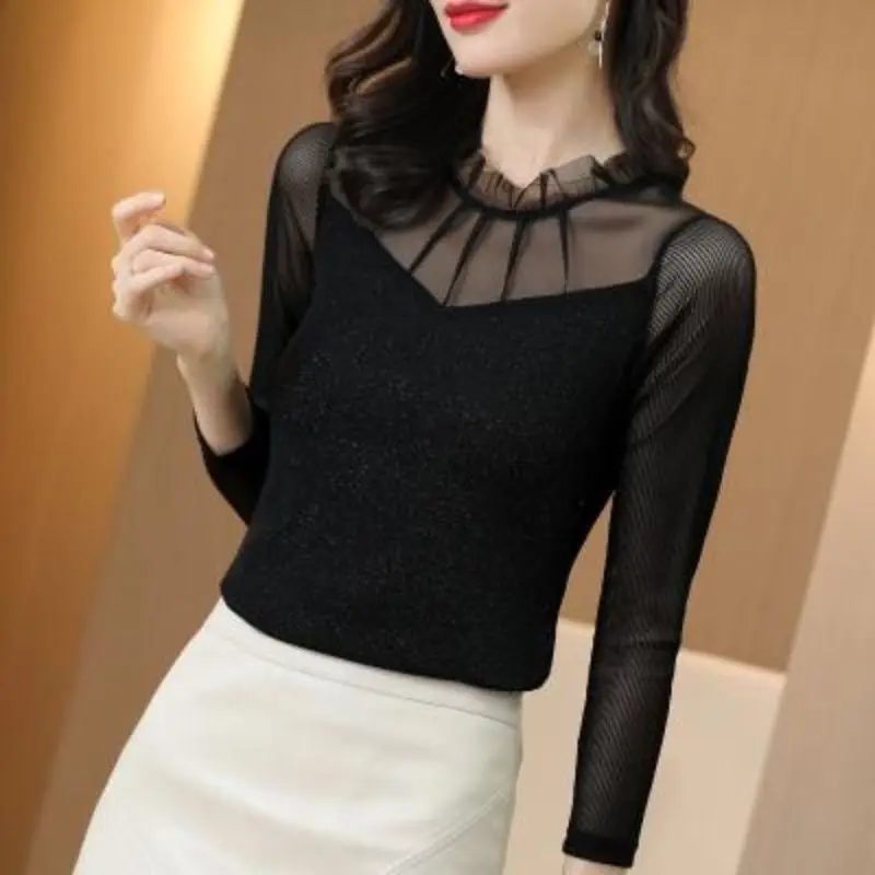 Korean Fashion New Mesh Bottoming Shirt Blouse Women Autumn and Winter Goddess Elastic Long Sleeve Tshirt Top Blusa