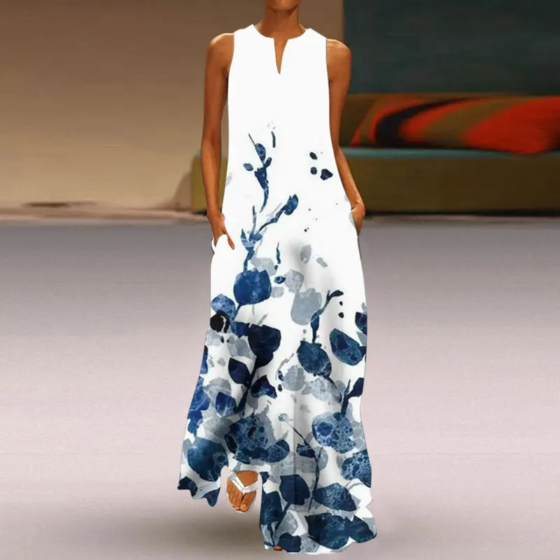 

2024 new summer hot selling fashion print sleeveless ink print fashion retro casual long skirt women's clothing