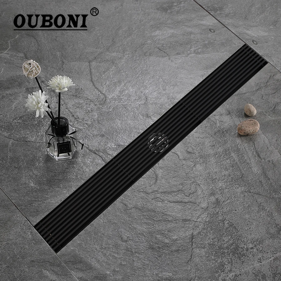 OUBONI Matte Black Invisible Bathroom Floor Drain Rectangle Type Stainless Steel Linear Shower Floor Drain Srainer 600*70mm