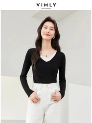 Vimly Fake 2 Piece Black T-shirt 2024 Spring High Strecth Slim Pullovers V-neck Casual Spliced Women's Long Sleeve Tops M6099