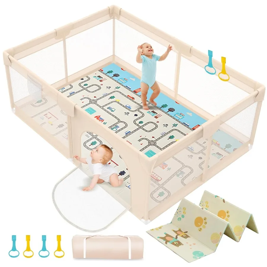 Baby Playpen with Mat 79x71inch - Extra Large Play Pen for Babies and Toddlers Indoor and Outdoor Baby Playard with Soft Breath