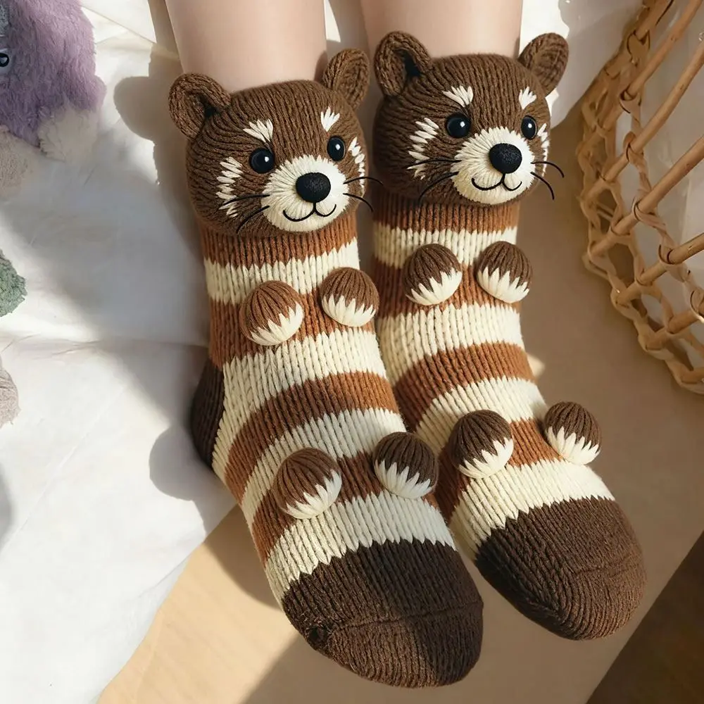 

3D Knit Animal Socks Double Layer Warm Novelty Floor Socks Hand Crocheted Breathable Middle Tube Socks Christmas Gifts