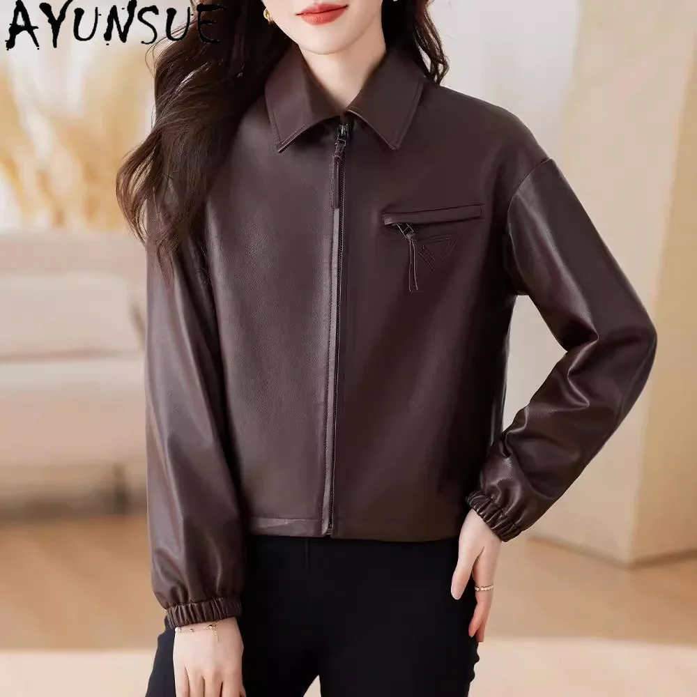 AYUNSUE 本革ジャケット女性のための 2025 黒リアルシープスキンレディースバイクジャケット春秋服ルーズフィット