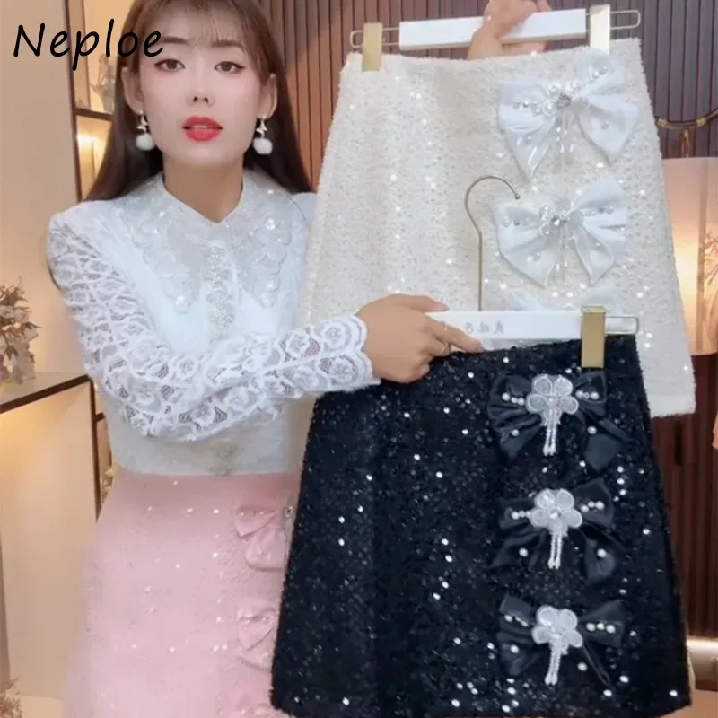 Neploe Heavy Nail Bead Three-Dimensional Bow Sequin Sparkling A-Line Skirt Femme Light Luxury High Waist Slimming Half Faldas