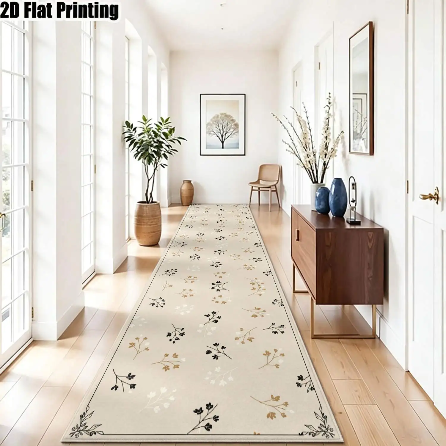 1Pc 2D Printed Floral Long Strip Runner Carpet: Beige, Black, Brown Nordic, Instagram-Inspired, Modern Minimalist, Geometric Striped. Machine Washable, Multi-Size, Ideal for Hallway, Entryway, Living Room, Bedroom Home Decor.