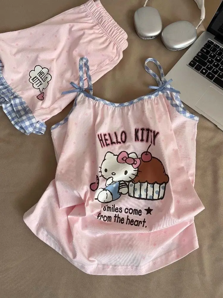 Sanrio Hello Kitty Pajamas Set Tank Top Sleepwear Women Shorts Sleeveless Pijama Summer Pyjamas Halter Nightwear Home Wears New