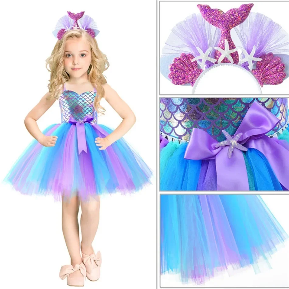 Little Mermaid Princess Dresses for Girls Kids Tutu Dress for Mermaid Birthday Party Costumes Halloween Clothes Set for Children