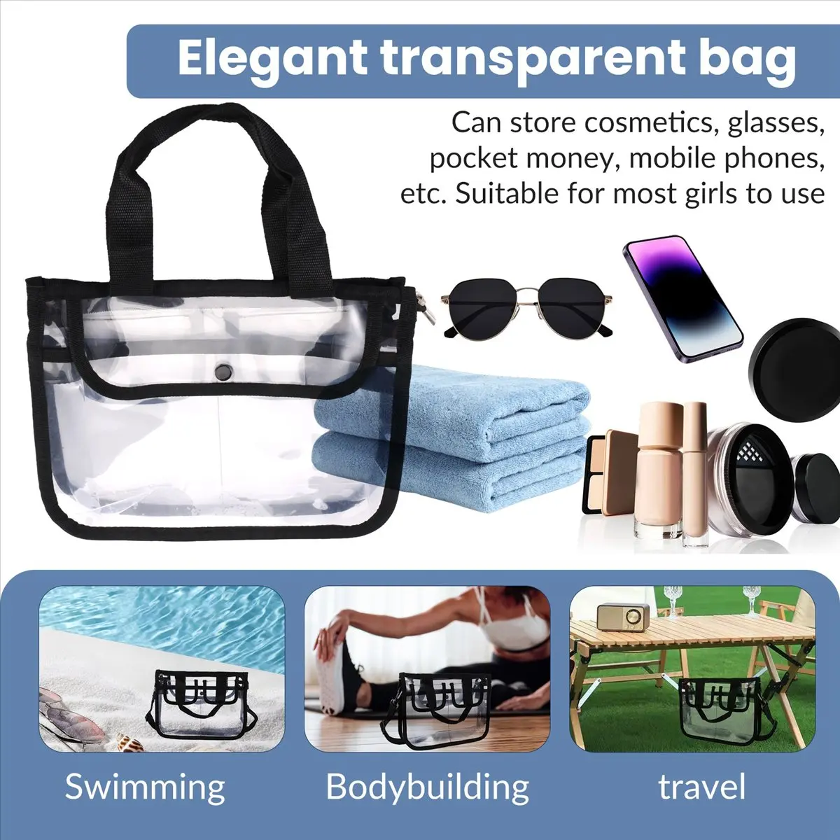 حقيبة كتف شفافة من ABQR، حقيبة غسيل لتنظيم أدوات الزينة - محفظة معتمدة من الاستاد