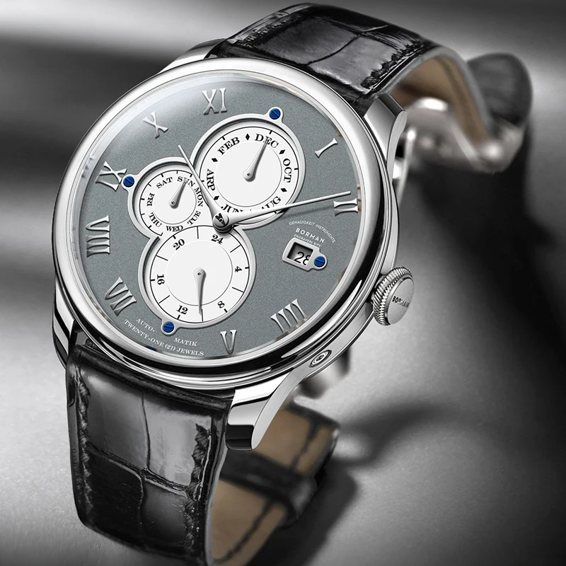 BORMAN Luxury Brand Orologio da polso automatico multifunzione da uomo Data Calendario Orologio classico in pelle Orologi automatici impermeabili