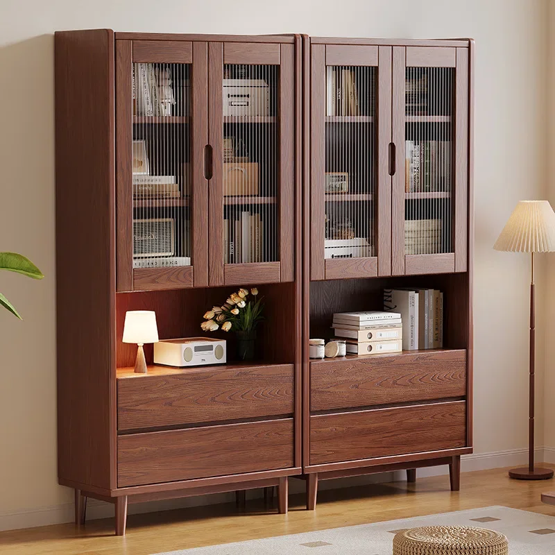 Solid wood bookcase Floor-to-ceiling glass door Living room display cabinet Locker Bedroom Home bookshelf Bookcase Combination