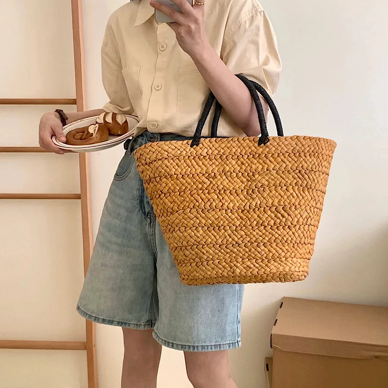 

Большая вместительная сумка ручной работы из кукурузной шелухи для женщин, богемная большая сумка, ручная корзина для овощей, сумка для отдыха, пляжная сумка для травы