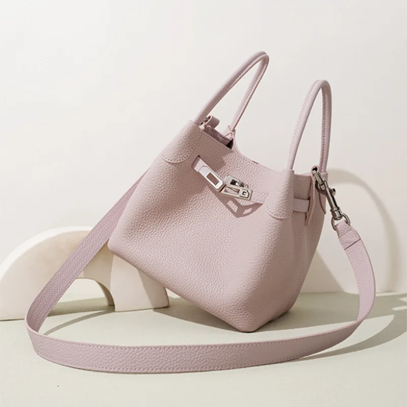 

Spring 2026 New Style Women's Leather Pink Bucket Bags Top Layer Cowhide Single Shoulder Crossbody Bag Handbag for Commuting