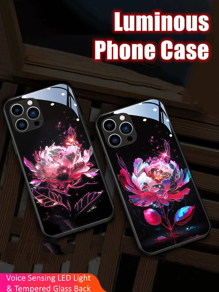 Peony Flower LED Light Glowing Luminous Phone Case Birthday Gift for Huawei P40 P50 P60 Mate 60 40 50 Nova 8 9 10 Pro Plus