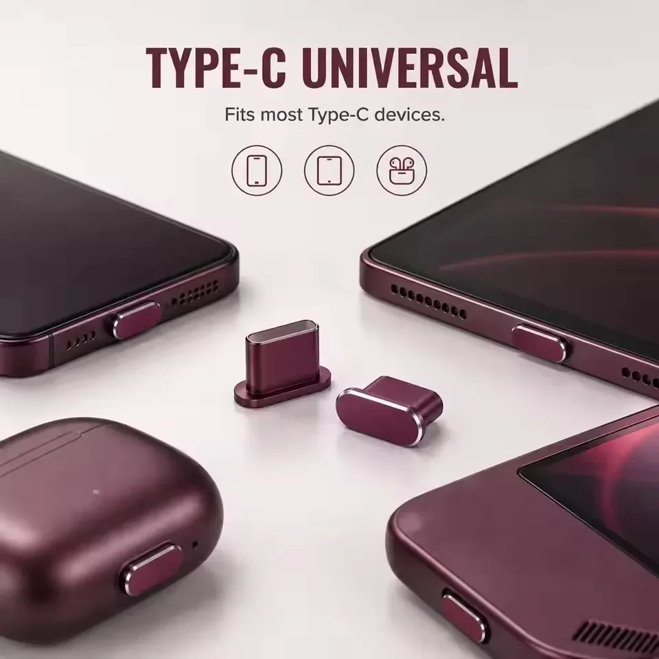 1-10PCs Dark Cherry Type C Dustplugs Charger Port Caps Anti-dust Cover Protectors Metal Dust Plug for IPhone 18 17 Pro Max 18PM
