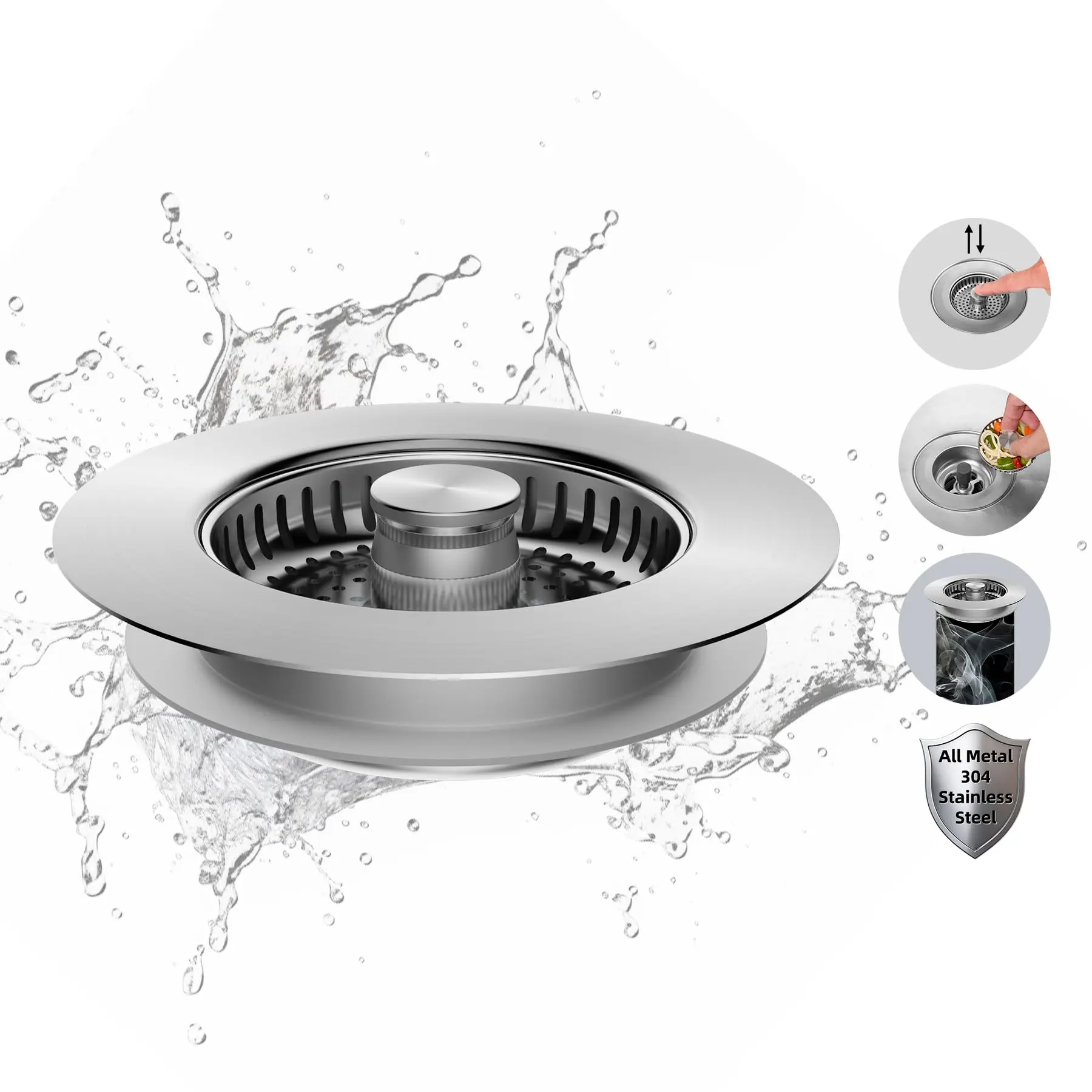 All Metal Stainless Steel 3 in 1 Kitchen Sink Drain Strainer, Upgraded Anti-Rust Sink Stop Combo, Anti-Clogging Stainless Steel