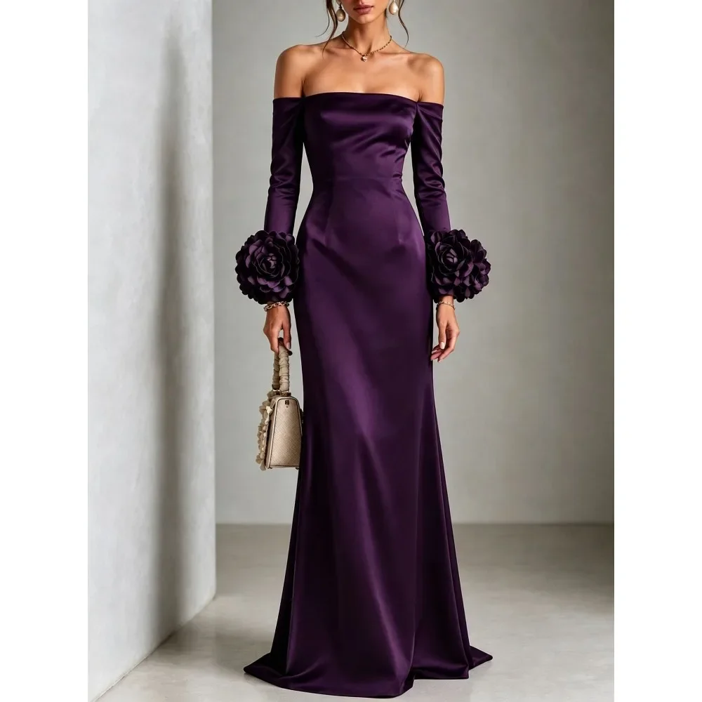 Elegant Satin One Shoulder Bodycon Dress 3D Flower Sleeve Party Gown