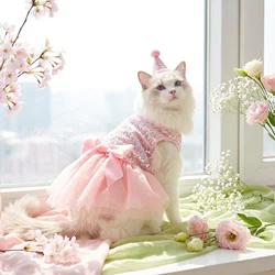 Pet Dress Dog Princess Cloth Sequin Bowknot Puppy Dresses with Tulle Doggie Kitten Costume
