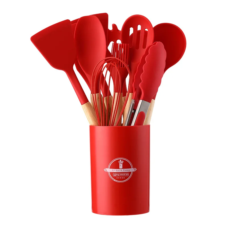 Heavy Edition Light Edition Silicone Kitchenware 12 Piece Set Wooden Handle Kitchen Tools Silicone Shovel Spoon Set