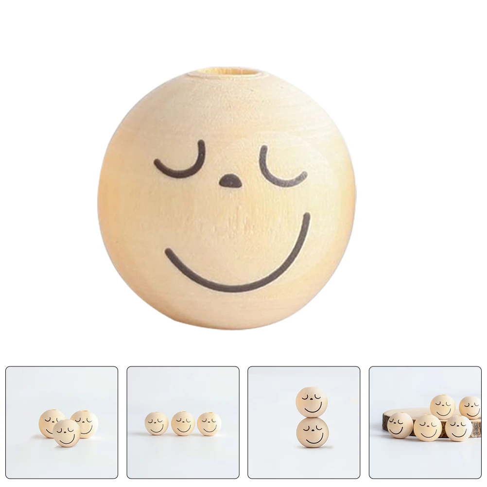 

50pcs Natural Wood For Crafts Diy Wooden With Holes Face Pattern Large Hole Craft Making Accessories Wood Bead Wreath Round