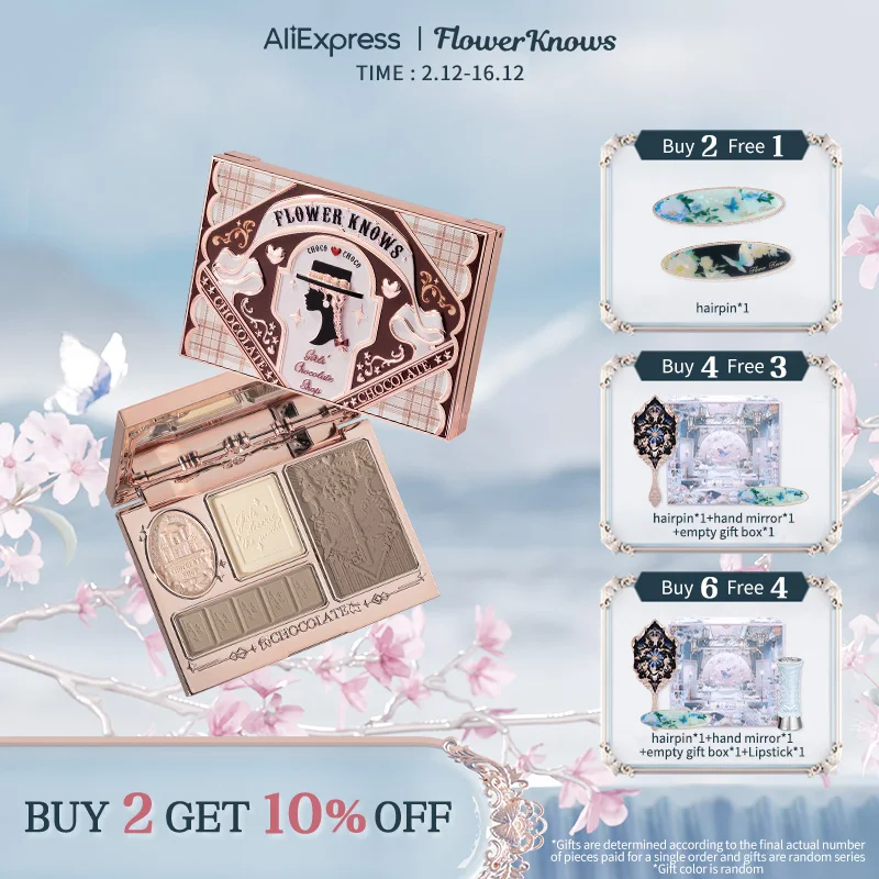 Flower Knows Chocolate Wonder-Shop Highlighter & Contour 4-color Makeup 3D Bronzer Matte Contour Powder