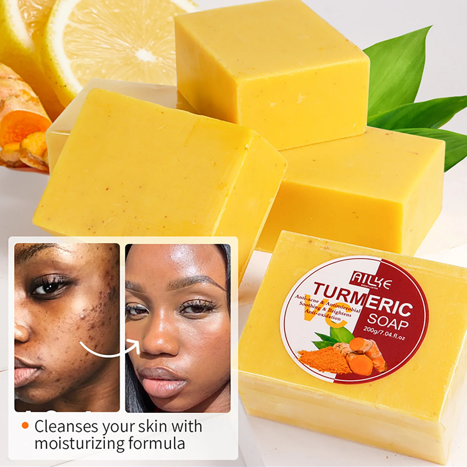 AILKE Turmeric Clean Soap, Deeply Cleaning, Exfoliate, Soft & Smooth Skin, Brighten Whiten Wash Bar, for Body and Face Use