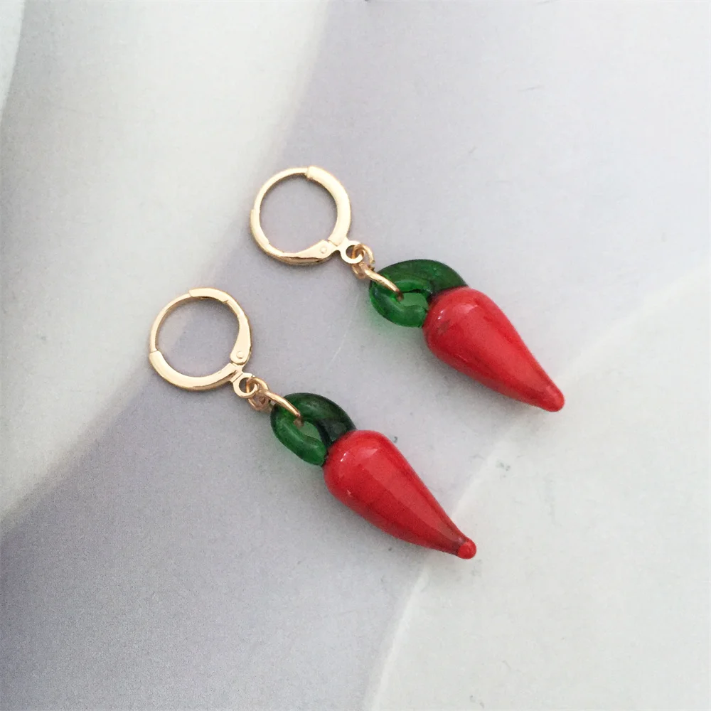 Pendientes de aro con dije de esmalte de colores, hoja verde y Chile rojo, súper bonitos, joyería romántica de moda de pimiento dulce para mujer y niña