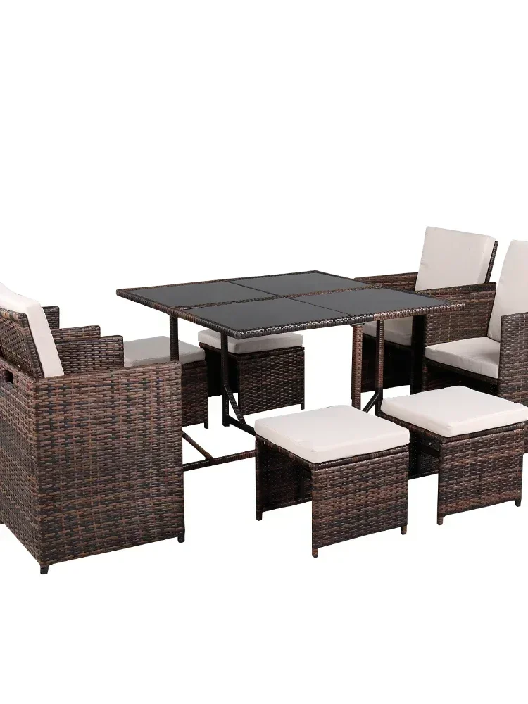 9Pcs Outdoor Patio Table Chair Set Include 4 Single Chair + 4 Stool + 1 Table PE Rattan Iron Frame Brown Gradient[US-Stock]