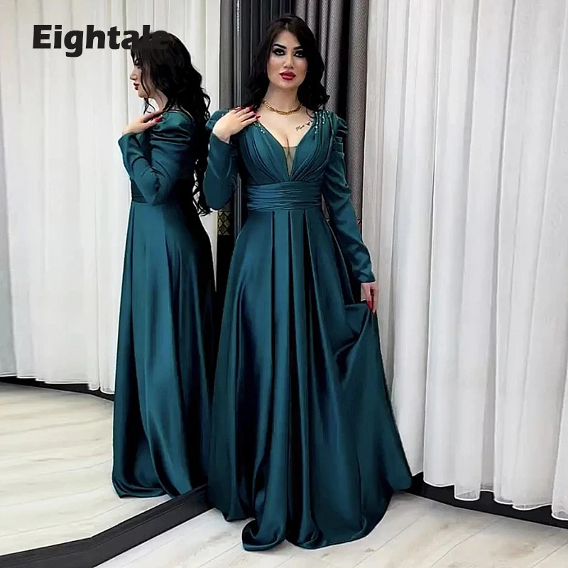 

Eightale Formal Women's Evening Dresses Arabic V-Neck Green Long Sleeves Dubai Satin A-Line Party Prom Gowns robe de soirée