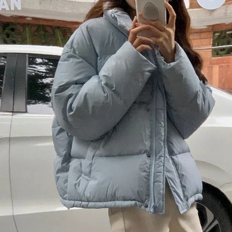 Doudoune rembourrée en coton à col montant pour femme, Parkas courtes, Fibre optique, Fermeture éclair, Chaud, Décontracté, Coréen, Y2K, Hiver