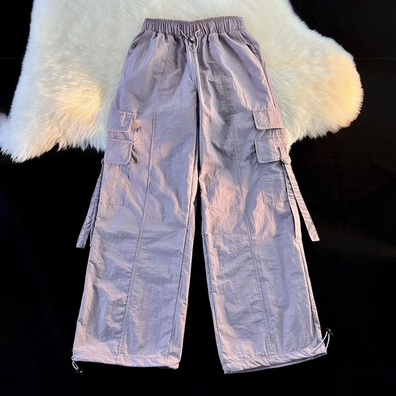 

Hip-Hop Style Women's Cargo Pants Spring Autumn Elastic Waist Loose Straight Loose Casual Wide Leg Trousers Solid Color Pants