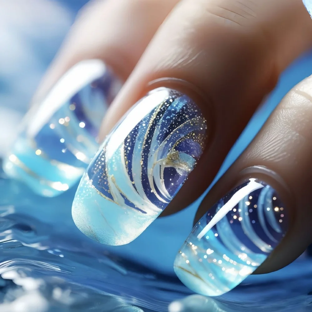 

24pcs Wearable False Nail Sets Blue Glitter Stripe Design Square Press on Nails Art Finished Ocean Short Ballet Fake Nails Tips