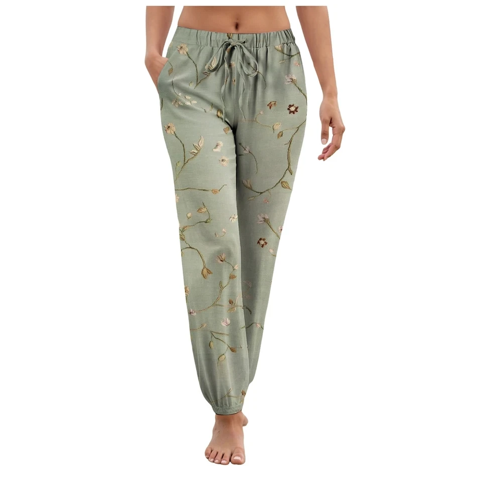 Women Harem Trousers Floral Print Vintage Long Pants Boho Beach Trousers Lace Up Waist Casual Loose Summer Trousers Streetwear