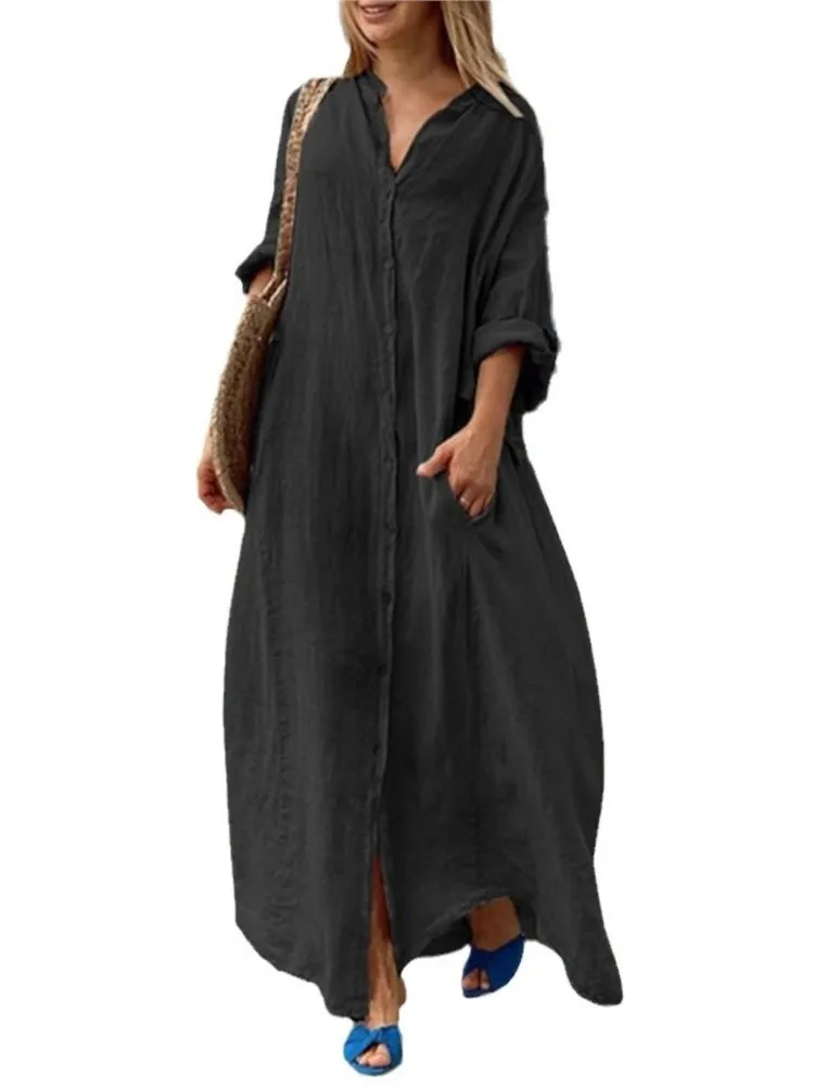 2024 Spring Autumn Women\'s New Casual Pocket Shirt Collar Long Skirt Casual Cotton Linen Loose Comfortable Dress