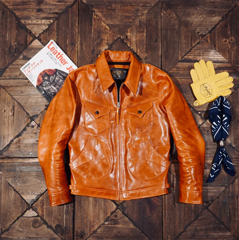 

Tailor Brando Italian Full Grain Vegetable Tanned Horsehide Mendoza Vintage Genuine Leather Men's Motorcycle Jacket