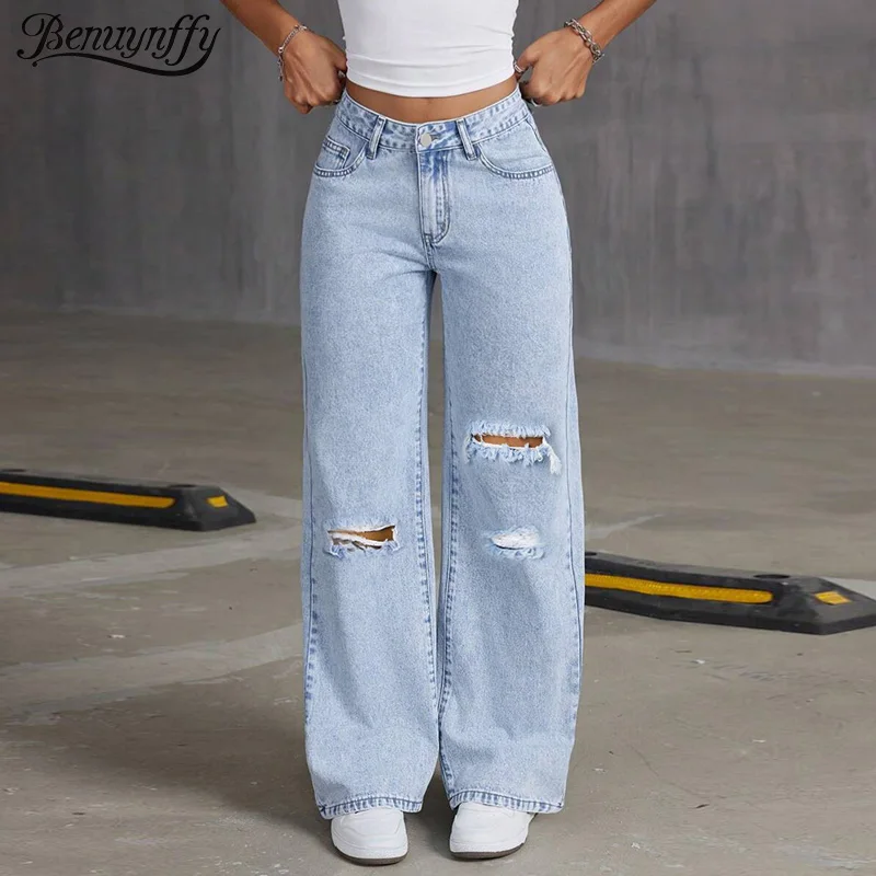 

Benuynffy Light Blue Washed Ripped Baggy Jeans Women's Streetwear Vintage High Waisted Straight Wide Leg Mom Denim Trousers