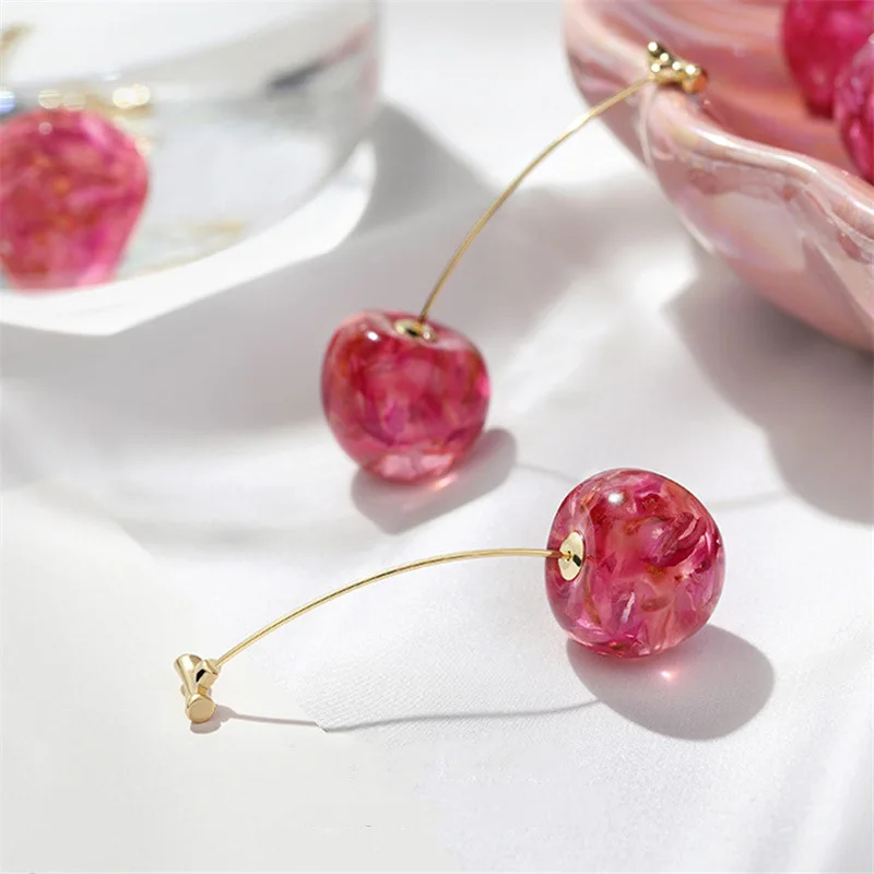 Transparan Resin Cherry anting wanita gadis emas paduan transparan hijau merah muda ungu merah Cherry anting klip perhiasan pesta