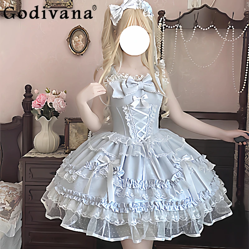

Original Lolita Women's Daily Sweet Dress Cute Princess Cake Puff Dress Female Blue Pink Japanese Style Lolita Dress Summer